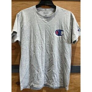 Gray Champion T-shirt with blue/red logo, size L